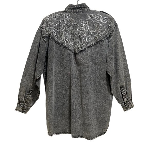 Women's Gray Stonewash Sequence Button Up Front Cotton Denim Cowboy Shirt Medium - Picture 5 of 5